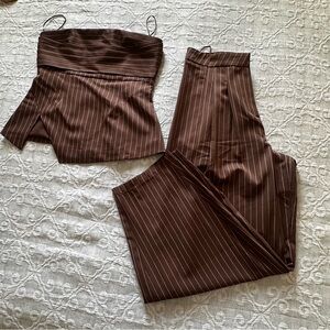 Brown Pinstripe Two-Piece Pantsuit Set
